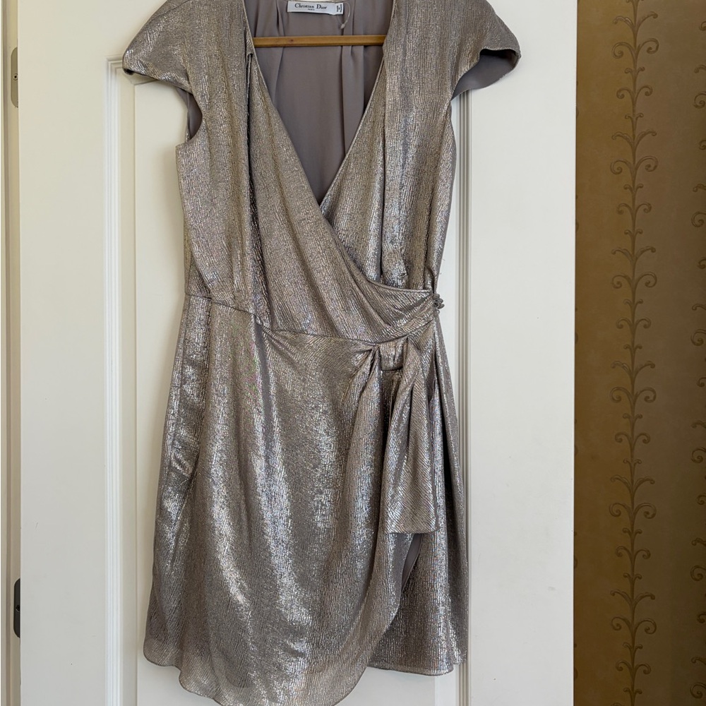 Dior Metallic Silver Wrap Mini Dress